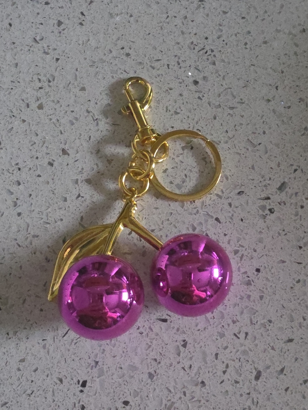 Gold Cherry Keyring with Shiny Pink Charms
